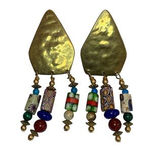 Vintage 1990s Artisan Brass Tone Beaded Drop Earrings Large Chunky Art To Wear